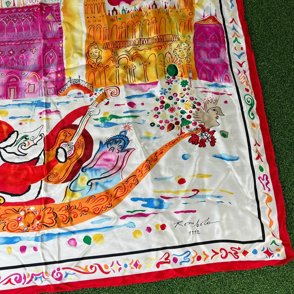 Vintage 1992 John Rombola Art Fabric Sun Venice Canal Whimsical Silk Scarf - Picture 7 of 11